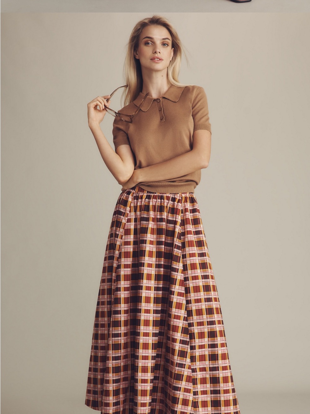 The Jacie Poplin Printed Midi Skirt- Red Plaid Maeve by Anthropologie